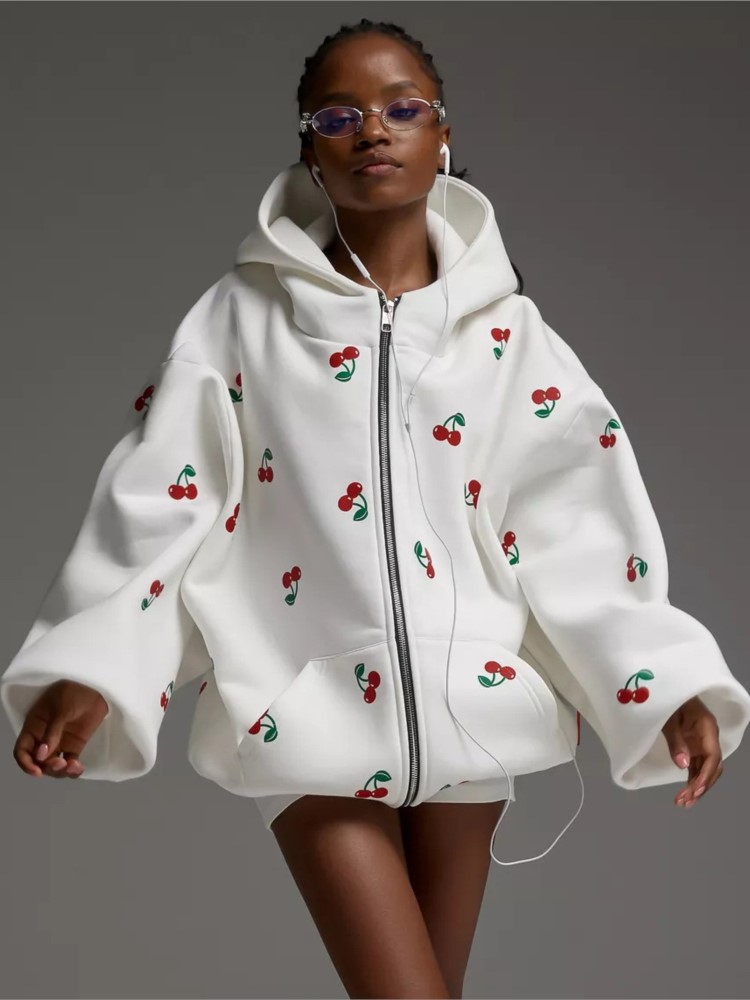 Streetwear Brand Hoodies - Kadın Kiraz Baskılı Kazak Ceket 2025