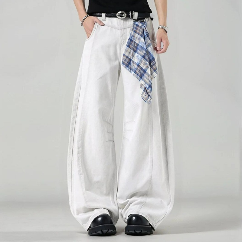 Brand Of Streetwear - Erkek Bol Paça Ekose Pantolon Beyaz